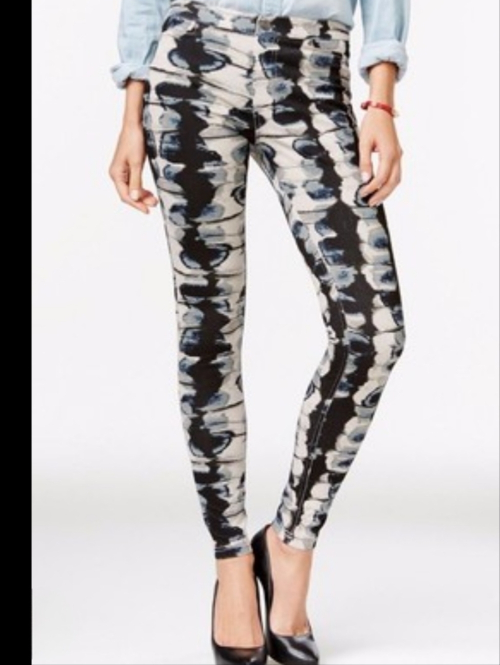 HUE Ink Blot Print Pull-On Stretch Denim Legging, Cream/Black/Gray - Size Medium